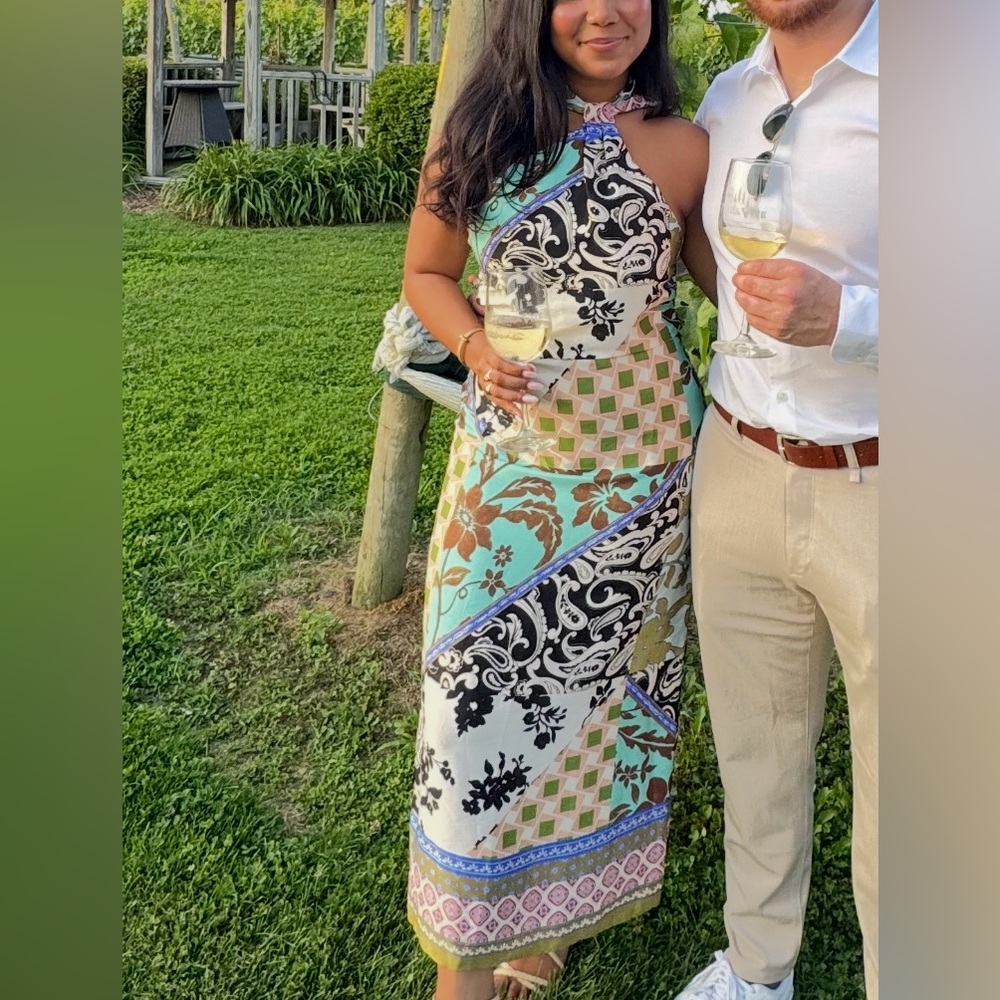 Zara Patchwork Print Satin Effect Halter Dress, M… - image 1